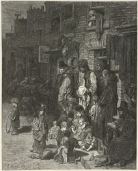 Folk som står og sitter utenfor husene sine, i en gate, fra "London: a pilgrimage", av William Blanchard Jerrold