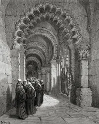 Procession of Damsels Mourning, fra 'Don Quixote de la Mancha' av Miguel Cervantes, gravert av Heliodore Joseph Pisan, ca. 1875
