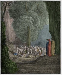 Purgatorio, sang 24: de fråtsende sjelene som roper under treet, illustrasjon fra «Den guddommelige komedie» av Dante Alighieri, 1885
