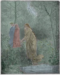Purgatorio, sang 27: Dantes drøm om Lea på engen, illustrasjon fra «Den guddommelige komedie» av Dante Alighieri, 1885