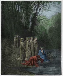 Purgatorio, sang 33: Dante drikker av elven Eunoe, illustrasjon fra «Den guddommelige komedie» av Dante Alighieri, 1885