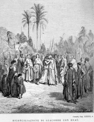 Forsoning mellom Jakob og Esau. Genesis, XXXIII, 4. Illustrasjon av Gustave Doré.