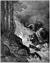 Ruggiero kjemper mot det marine monsteret (dragen) som truer Olimpia med å holde seg fastbundet til et tre, blokkerer kjevene hans med et anker og redder Olimpia (sang 11, stilling 37) - Gravering av Gustave Dore (1832-1883) som illustrerer «Den rasende Ro