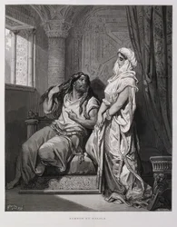 Samson og Dalila, kapittel 16, i Dommernes bok, i Det gamle testamentet, illustrasjon fra Dore-bibelen