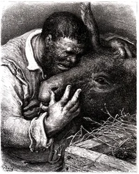 Sancho Panza gråter mens han kysser eselet sitt