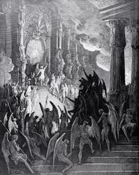 Satan i råd, fra bok I av John Miltons (1608-74) «Det tapte paradis», gravert av Stéphane Pannemaker (1847-1930), ca. 1868