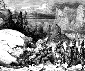 Sindbad sjømannen (Sinbad) - eventyret om tusen og én (1001) natt - illustrasjon av Gustave Dore (detalj) - Maxwell-utgaven 1865 - Femte reise: kjøpmennene som følger med Sindbad knuser skallet på et gigantisk egg fra fuglekjempen Roc for å utvinne en 