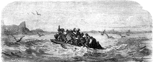 Sindbad sjømannen (Sinbad) - eventyret om tusen og én (1001) natt - illustrasjon av Gustave Dore - utgave Maxwell 1865 - Tredje reise: Sindbad og hans følgesvenner seiler om bord på en flåte
