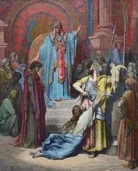 Salomos dom - Salomo avsier dommen om å dele babyen mellom de to saksøkerne - Gravering av Gustave Dore (1832 - 1883) - senere fargelegging