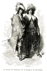 Baron de Sigognac og markisen de Bruyeres. Gravering av Gustave Dore som illustrerer Theophile Gautiers roman quot;Le capitaine Fracassequot;, Charpentier-utgaven 1863.
