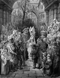 Bruden og brudgommen kommer inn i hallen, scene fra 'The Rime of the Ancient Mariner' av ST Coleridge, utgitt av Harper und Brothers, New York, 1876 (tregravering)