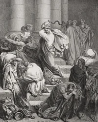 Kjøperne og selgerne drevet ut av templet, Lukas 19:45-46, illustrasjon fra Dores 