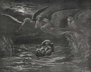 The Child Moses on the Nile, 2. Mosebok 2:1-4, illustrasjon fra Dores 