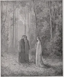 Den guddommelige komedie (La Divina Comedia, La Divine Comedie), Purgatorio, Canto 5: Dante snakker med Pia de Tolomei (Tolommei) - av Dante Alighieri (1265-1321) - Illustrasjon av Gustave Dore (1832-1883)