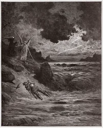 The Divine Comedy (La Divina Comedia, La Divine Comedie), Purgatorio, Canto 5: The body of Buonconte da Montefeltro in the Arno - av Dante Alighieri (1265-1321) - Illustrasjon av Gustave Dore (1832-1883)