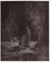 Den guddommelige komedie (La Divina Comedia, La Divine Comedie), Purgatorio, Canto 7: Poeten Sordello, forbløffet, kneler foran Vergil - av Dante Alighieri (1265-1321) - Illustrasjon av Gustave Dore (1832-1883)