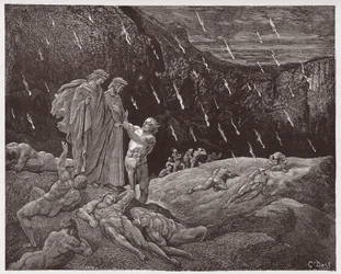 Den guddommelige komedie (La Divina Commedia, La Divine Comédie), Inferno, sang 15: Brunetto Latini henvender seg til Dante - av Dante Alighieri (1265-1321) - illustrasjon av Gustave Doré (1832-1883)