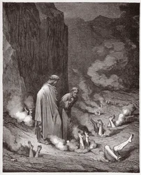 Den guddommelige komedie, Inferno, sang 19: Dante irettesetter pave Nikolas III i den fjerde bolgiaen - av Dante Alighieri (1265-1321) - Illustrasjon av Gustave Doré (1832-1883)