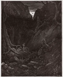 Den guddommelige komedie, Inferno, sang 1: løven konfronterer plutselig Dante - av Dante Alighieri (1265-1321) - Illustrasjon av Gustave Doré (1832-1883)
