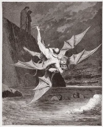 Den guddommelige komedie, Inferno, Sang 22: Alichino og Calcabrina slåss over beket - av Dante Alighieri (1265-1321) - illustrasjon av Gustave Doré (1832-1883)