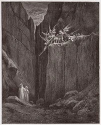The Divine Comedy (La Divina Commedia, La Divine Comedie), Inferno, Canto 23: Poetene unnslipper demonene i den femte bolgia - av Dante Alighieri (1265-1321) - Illustrasjon av Gustave Dore (1832-1883)