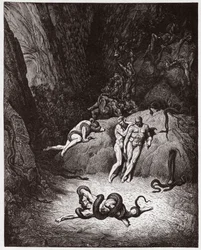 Den guddommelige komedie, Inferno, Sang 25: Agnello forvandles til en slange - av Dante Alighieri (1265-1321) - Illustrasjon av Gustave Doré (1832-1883)