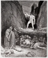 Den guddommelige komedie (La Divina Commedia, La Divine Comédie), Inferno, sang 28: Bertrand de Borns avhogde hode taler til Dante - av Dante Alighieri (1265-1321) - Illustrasjon av Gustave Doré (1832-1883)