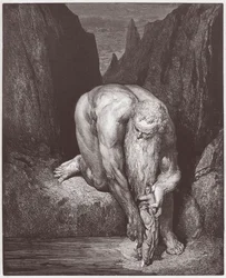 The Divine Comedy (La Divina Commedia, La Divine Comedie), Inferno, Canto 31: Den gigantiske Antaeus senker Dante og Virgil ned i den siste sirkelen - av Dante Alighieri (1265-1321) - Illustrasjon av Gustave Dore (1832-1883)