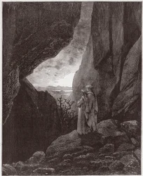 Den guddommelige komedie (La Divina Commedia, La Divine Comédie), Inferno, Sang 34: Vergil og Dante stiger opp til den øvre verden - av Dante Alighieri (1265-1321) - Illustrasjon av Gustave Doré (1832-1883)