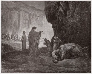Den guddommelige komedie, Inferno, Sang 6: Vergil mater Kerberos i den tredje kretsen - av Dante Alighieri (1265-1321) - Illustrasjon av Gustave Doré (1832-1883)