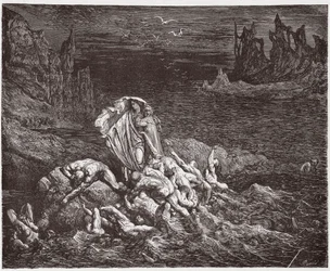 Den guddommelige komedie, Helvete, Sang 7: Vergil viser Dante de vredes sjeler i Styx - av Dante Alighieri (1265-1321) - Illustrasjon av Gustave Doré (1832-1883)