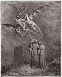 Den guddommelige komedie (La Divina Commedia, La Divine Comédie), Inferno, sang 9: De grufulle erinyene: Megaera, Tisiphone, Alecto - av Dante Alighieri (1265-1321) - Illustrasjon av Gustave Doré (1832-1883)