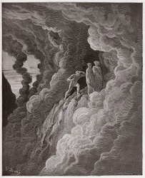 The Divine Comedy (La Divina Commedia, La Divine Comedie), Purgatorio, Canto 16: Marco Lombardo følger dikterne gjennom røyken - av Dante Alighieri (1265-1321) - Illustrasjon av Gustave Dore (1832-1883)