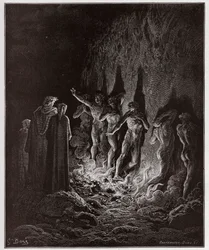 Den guddommelige komedie, Purgatorio, Sang 25: De vellystige går gjennom ild i den sjuende krets - av Dante Alighieri (1265-1321) - Illustrasjon av Gustave Doré (1832-1883)