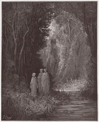 Den guddommelige komedie, Purgatorio, sang 28: Dante, Vergil og Statius i den gamle skogen i det jordiske paradiset - av Dante Alighieri (1265-1321) - Illustrasjon av Gustave Doré (1832-1883)