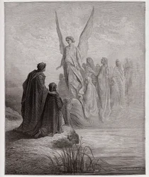 The Divine Comedy (La Divina Commedia, La Divine Comedie), Purgatorio, Canto 2: Den himmelske piloten lander båten - av Dante Alighieri (1265-1321) - Illustrasjon av Gustave Dore (1832-1883)