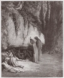 The Divine Comedy (La Divina Commedia, La Divine Comedie), Purgatorio, Canto 4: The indolent souls beside the rock - av Dante Alighieri (1265-1321) - Illustrasjon av Gustave Dore (1832-1883)