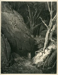 Dante Alighieris helvete (Den guddommelige komedie) illustrert av Gustave Dore. Fransk utgave fra 1861. «Allor si mosse, ed io gli tenni dietro. (Så begynte han, og jeg fulgte etter ham)», sang 1 v.136.