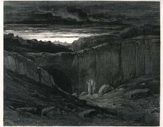 Dante Alighieris helvete fra Den guddommelige komedie, illustrert av Gustave Doré. Fransk utgave fra 1861. Dante og Vergil ved inngangen til helvete: «La alt håp fare, dere som går inn», sang 3, vers 9.