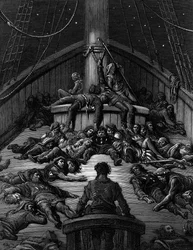 Sjømannen betrakter sine døde ledsagere og beklager forbannelsen over å overleve mens alle hans medseilere er døde, scene fra «The Rime of the Ancient Mariner» av ST Coleridge, utgitt av Harper amp; Brothers, New York