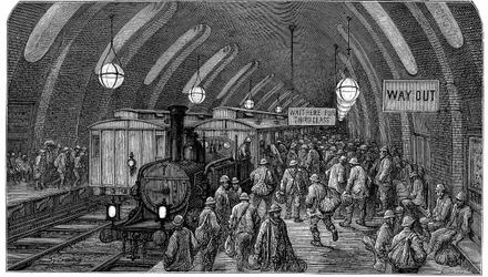 «Arbeidertoget». Fra Gustave Dore og Blanchard Jerrold London: En pilegrimsreise London 1872. Dette bildet viser damptog på Gower Street stasjon på Metropolitan-jernbanen (undergrunnen) som åpnet i 1863. Arbeiderne skynder seg for å rekke morgentoget sitt.