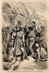 Ankomsten av flid på et hotell i Santa Cruz de modela (Mancha-provinsen), overfalt av tiggere som ringer etter almone. Tegning av Gustave Dore (1832-1883). Gravering for å illustrere reisen i Spania, i 1862 av Charles Davillier og Gustave Dore, i