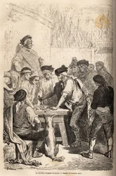 Den baratero våpen av navaja, krever barato, hyllest at han arrogates på mengden av hemmelige spill. Tegning av Gustave Dore (1832-1883), for å illustrere hans reise til Spania i 1862, med Ch. Davillier. Gravering i "" Le tour du monde"&quot