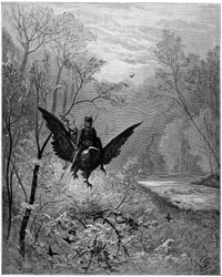 Hippogriffen, ridd av ridderen Ruggiero (Roger, Ruggero), kommer til en lattermild region - Gravering av Gustave Doré som illustrerer «Den rasende Roland» av Ludovico Ariosto (1474-1533), kalt Ariosto - Hippogriff, illustrasjon av Gustave Doré til Ariosto
