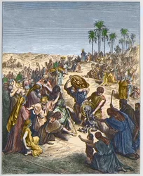 Multiplikasjonen av brød - Kristus mater mengden (Abundance Bread Christianity Crowd Engraving Fish) - gravering i "The Bible illustree" av Gustave Dore (1832-1883) - Gravering fra "" The Dore Bible""