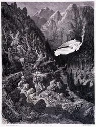 Den gamle mannen som holder en veske og stokken som går i et fiendtlig landskap, overvinnes av en engel som vinker med ilden, Plate VII - Illustrasjon av Gustave Dore (1832-1883), for La legende du Jew wandering av Pierre Dupont, Edition Librairie du magas