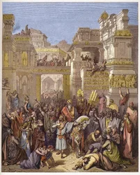 Triumfen til Mardochee (eller Mordekhai eller Mordekai) - Triumf av Mordekai - - gravering i "" The Bible illustree"" av Gustave Dore (1832-1883) - Gravering fra "" The Dore Bible""