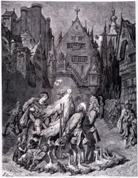 Den vandrende jøden omgitt av nysgjerrige i en by - i "Legenden om den vandrende jøden"" av Gustave Doré, bokhandel i den pittoreske butikken