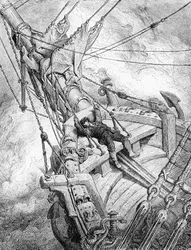 Sydpolens ånd krever fortsatt hevn for drapet på albatrossen, og sjømannen blir slått ned og besvimer, scene fra «The Rime of the Ancient Mariner» av S. T. Coleridge, utgitt av Harper & Brothers, New York