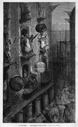 Utsikt over livet i London. Tegning av Gustave Dore. Gravering i “” Le Monde illustrious”” 1883. Privat samling.